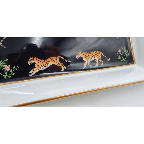 Lynn Chase JAGUAR JUNGLE Square Serving Bowl 9 Inch 24K Gold 1988 Japan Orchid - Picture 10 of 13